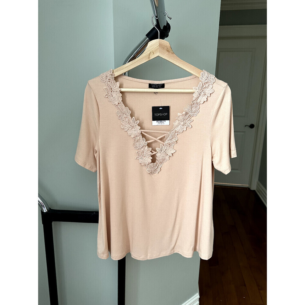 Topshop Women's Lace Up Floral Appliqué Swing Top In Nude Size 8 US